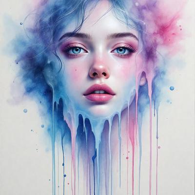 The primary subject of the image is a woman with blue eyes, pink lips, and a pink nose. She is depicted with a blue and pink color scheme, which gives her a unique and artistic appearance. The setting is a painting or drawing, showcasing her beauty and the artist's skill in creating a visually appealing piece. The overall atmosphere is one of creativity and artistic expression.